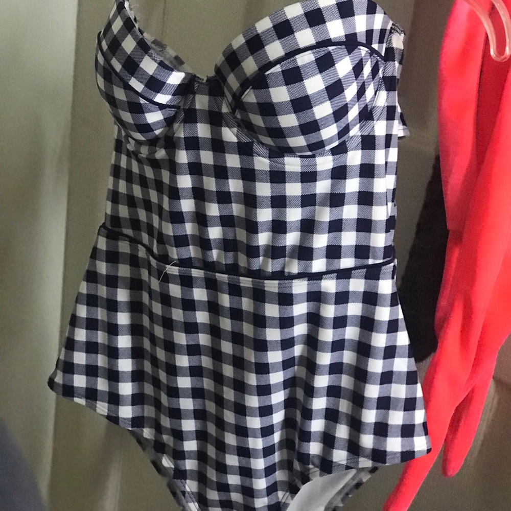 Blue and white one piece bathing suit